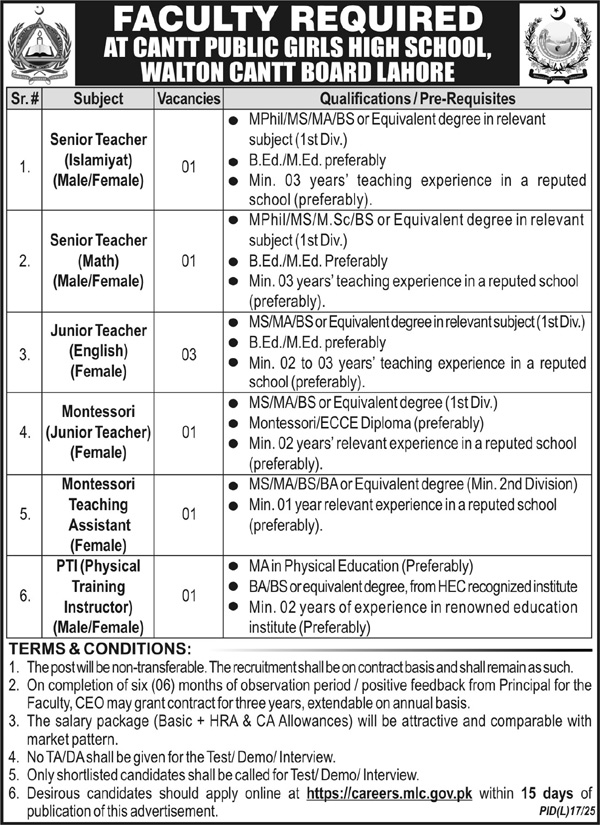 Teaching Jobs in Cantt Public Girls High School Lahore